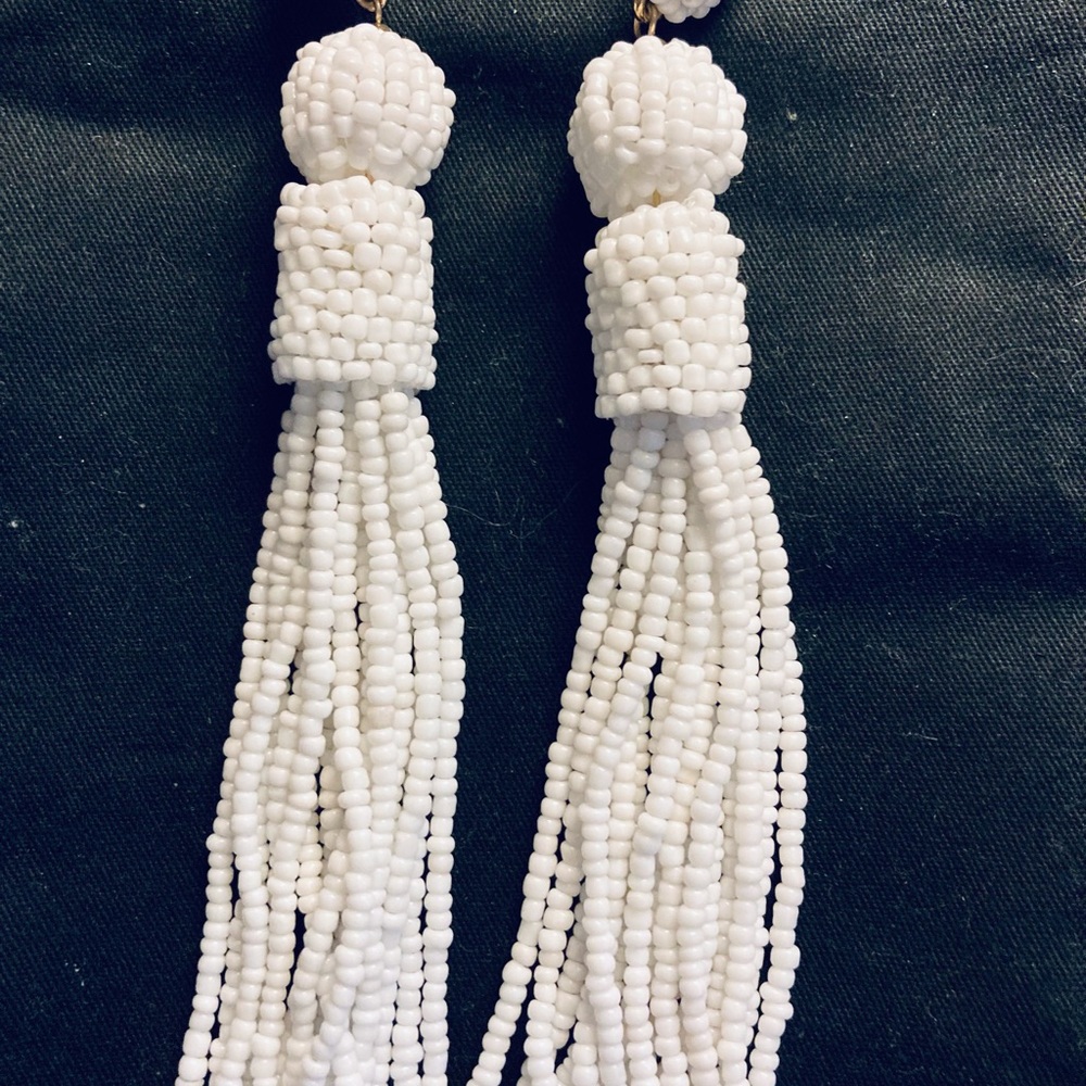 BaubleBar Long White Beaded Tousle Drop Earrings.
